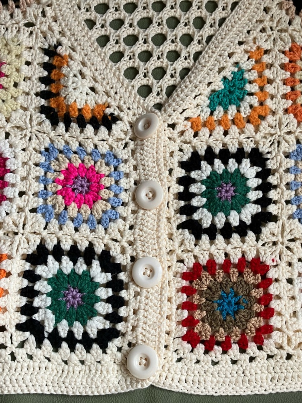 Crochet Granny Square Cropped Cardigan Rainbow Cream Women’s Sweater - Picture 2 of 9